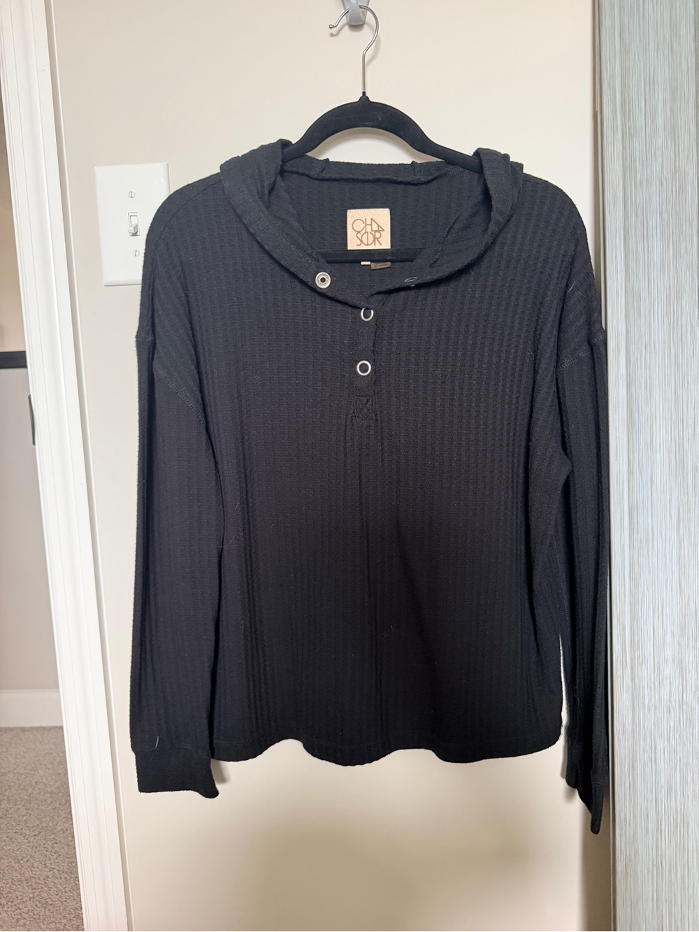 Chaser Black Waffle Henley Hoodie